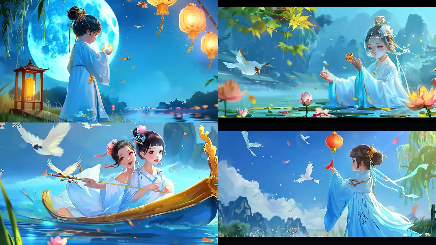 Serene Oriental Dreamscape Portraits in Luminous Azure Hues - Midjourney sref style