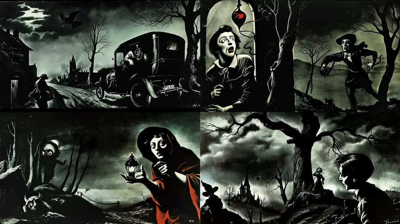 Gothic Noir with Haunting Imagery and Surreal Undertones - Midjourney sref style