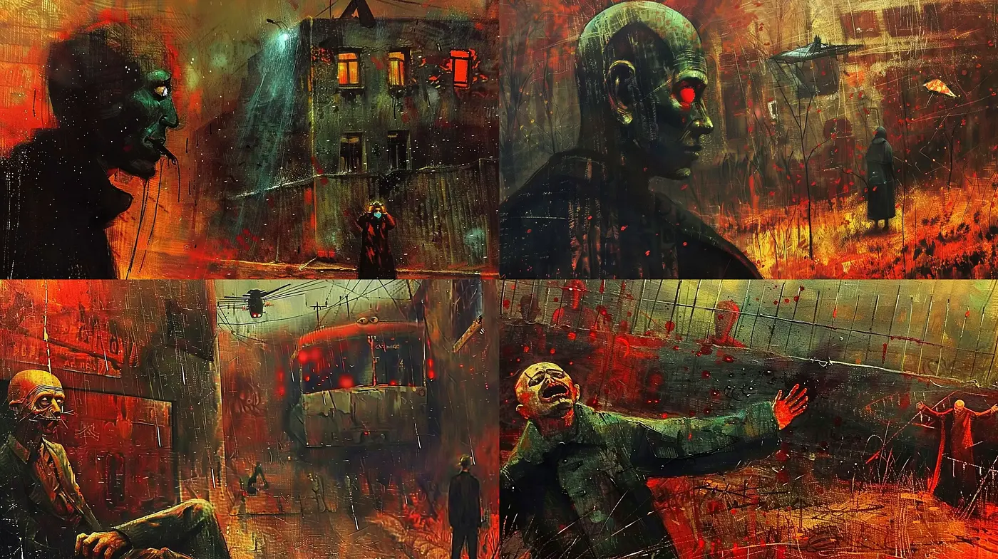 Eerie Dystopian Red-Shifted Tableaus with a Cinematic Edge - Midjourney sref style