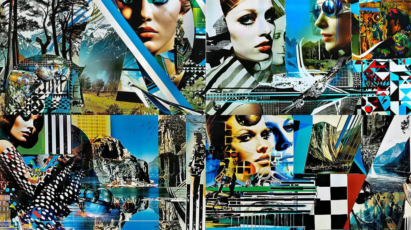 Collage of Digital Surrealism with Vivid Contrasts and Retro Futuristic Overtones - Midjourney sref style