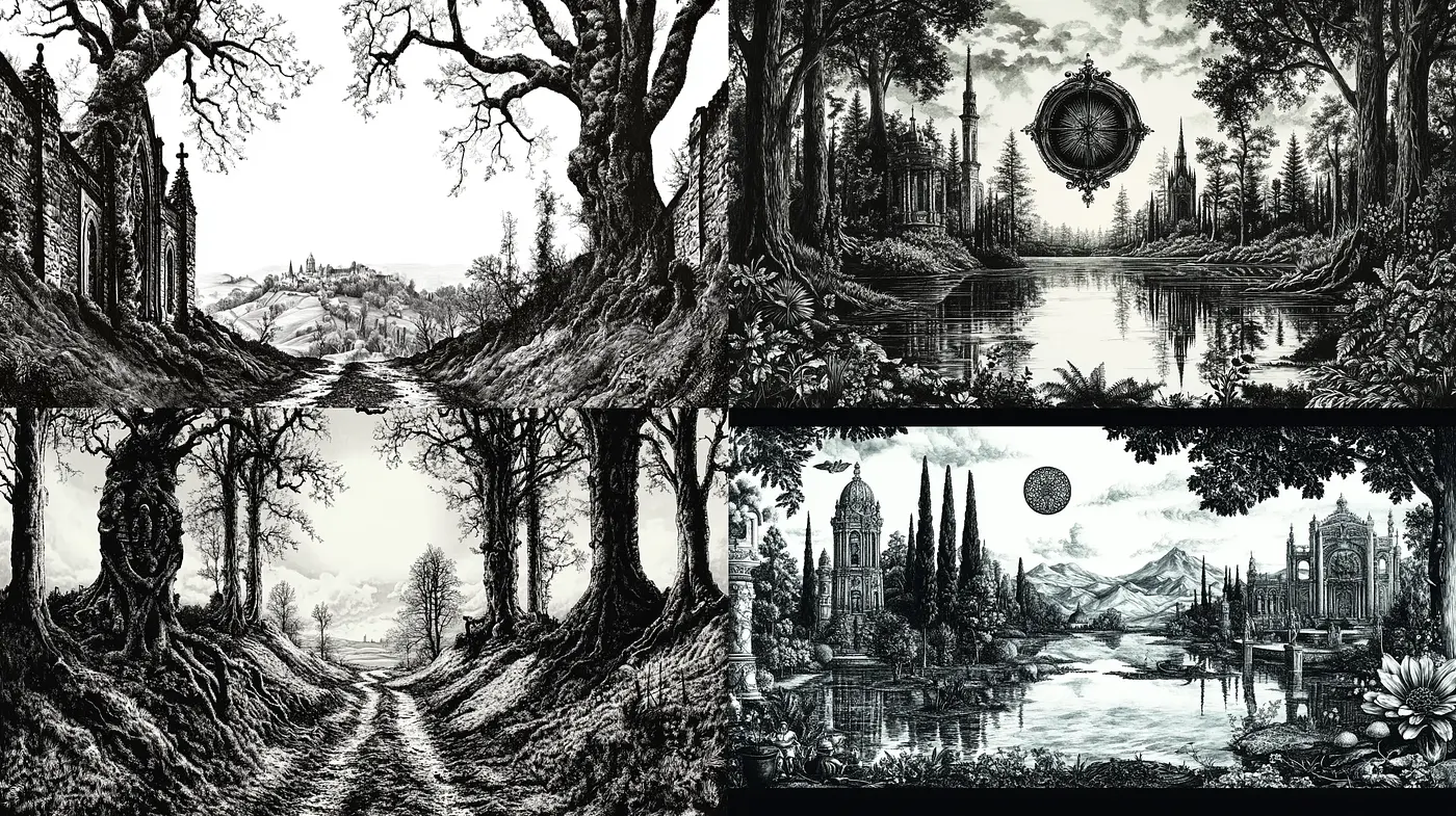 Monochromatic Panoramic Landscapes with Intricate Details - Midjourney sref style