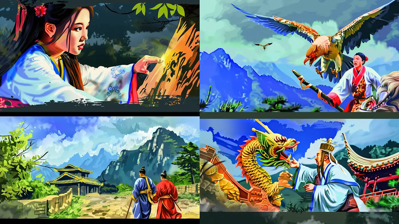 Dynamic Oriental Brushwork Influence with Rich Saturation - Midjourney sref style