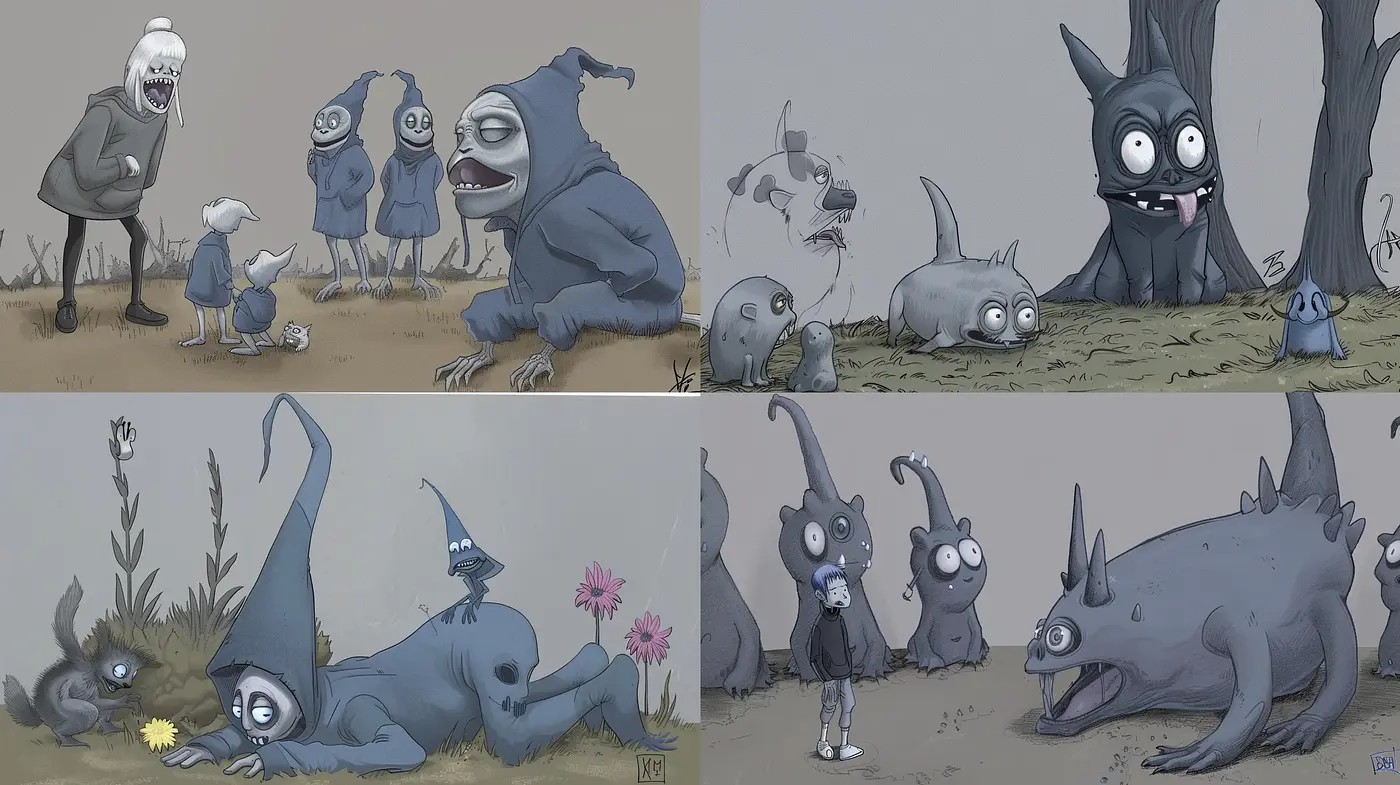 Muted Monstrous Whimsy: A Blend of Dull Hues and Playful Creatures - Midjourney sref style