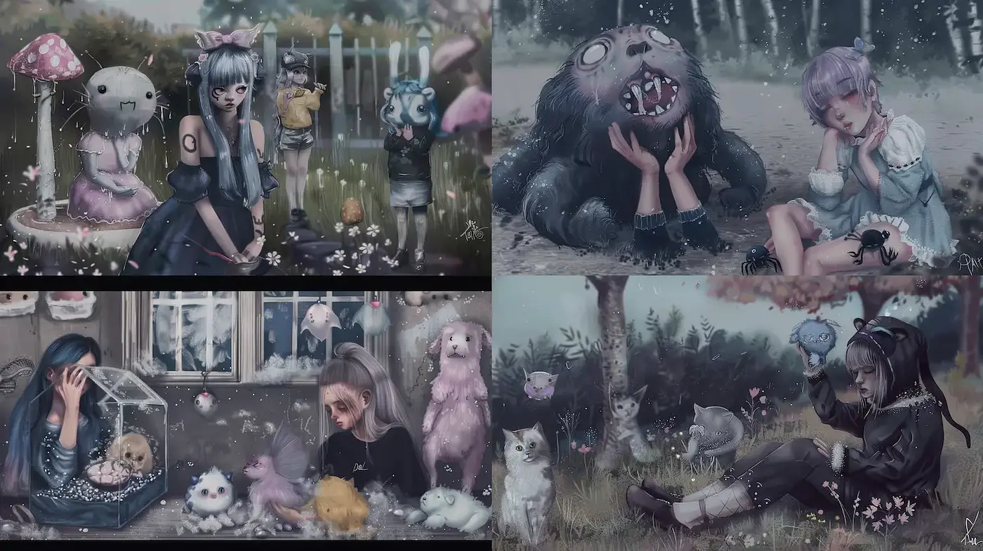 Whimsical and Sinister Fantasy Imagery with Soft Textures - Midjourney sref style