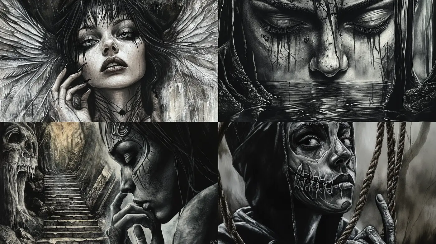 Monochromatic Gothic Elegance in Surreal Portraiture - Midjourney sref style