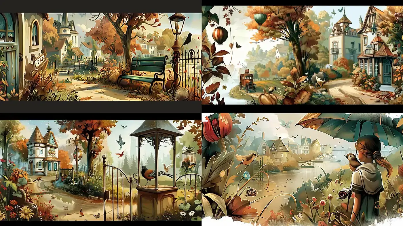 Charming Autumnal Landscapes with Whimsical Elements - Midjourney sref style