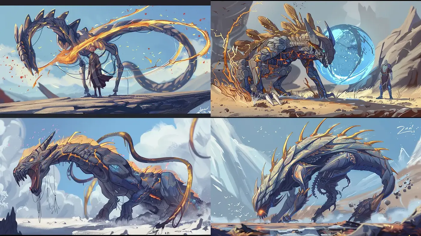 Dynamic and Epic Fantasy Creature Designs in a Consistent Art Style - Midjourney sref style