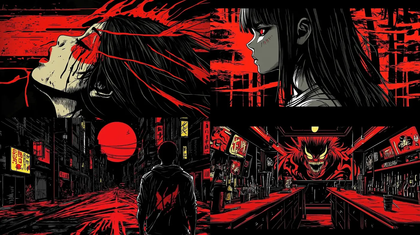 Crimson Noir Anime Aesthetic with a Striking Contrast - Midjourney sref style