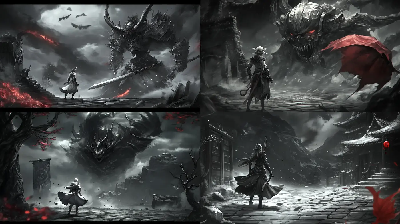 Monochromatic Elegy of Fantastical Conflict - Midjourney sref style