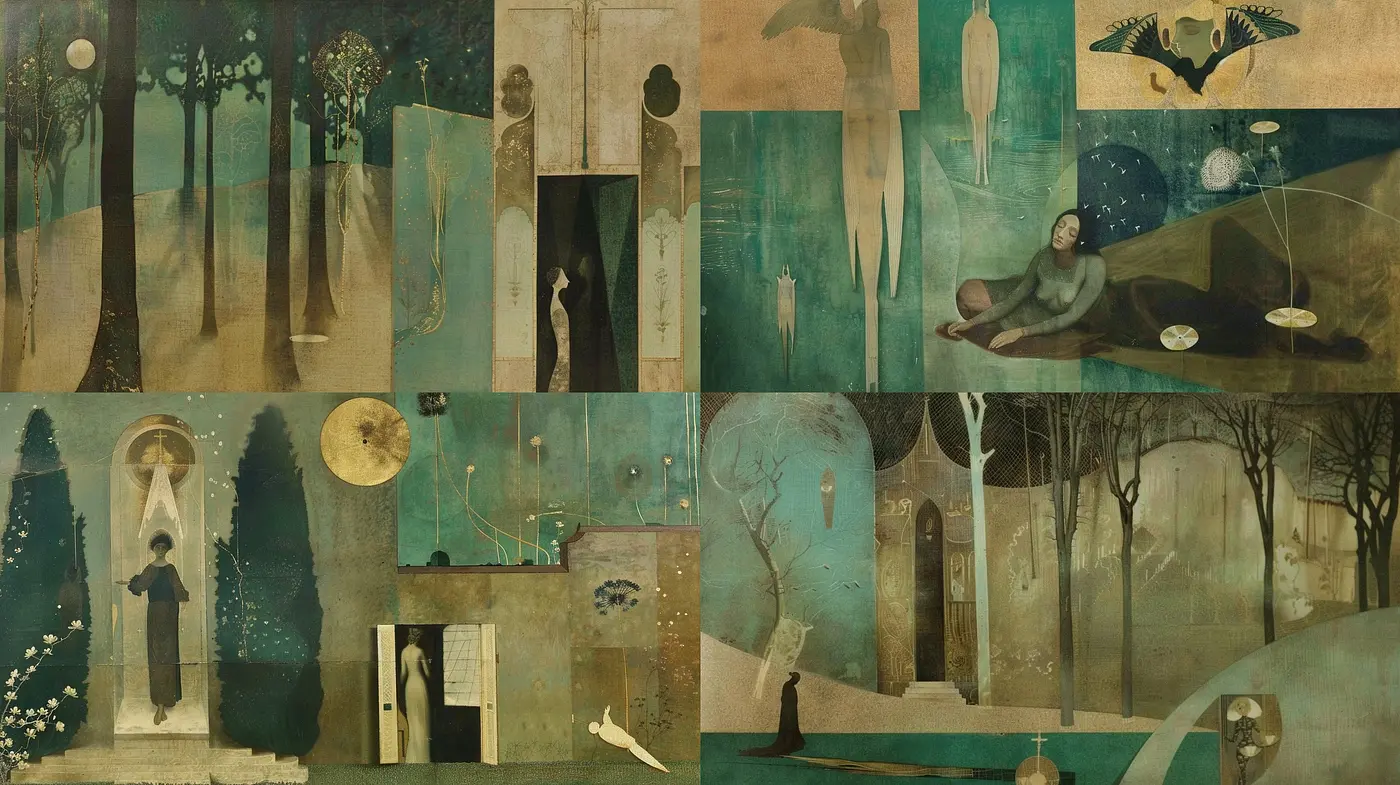 Ethereal Dreamscape Explorations in Sepia and Verdant Hues - Midjourney sref style