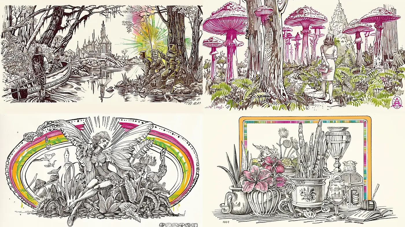 Surreal Illustrations with Whimsical Charm and Detailed Line Work - Midjourney sref style