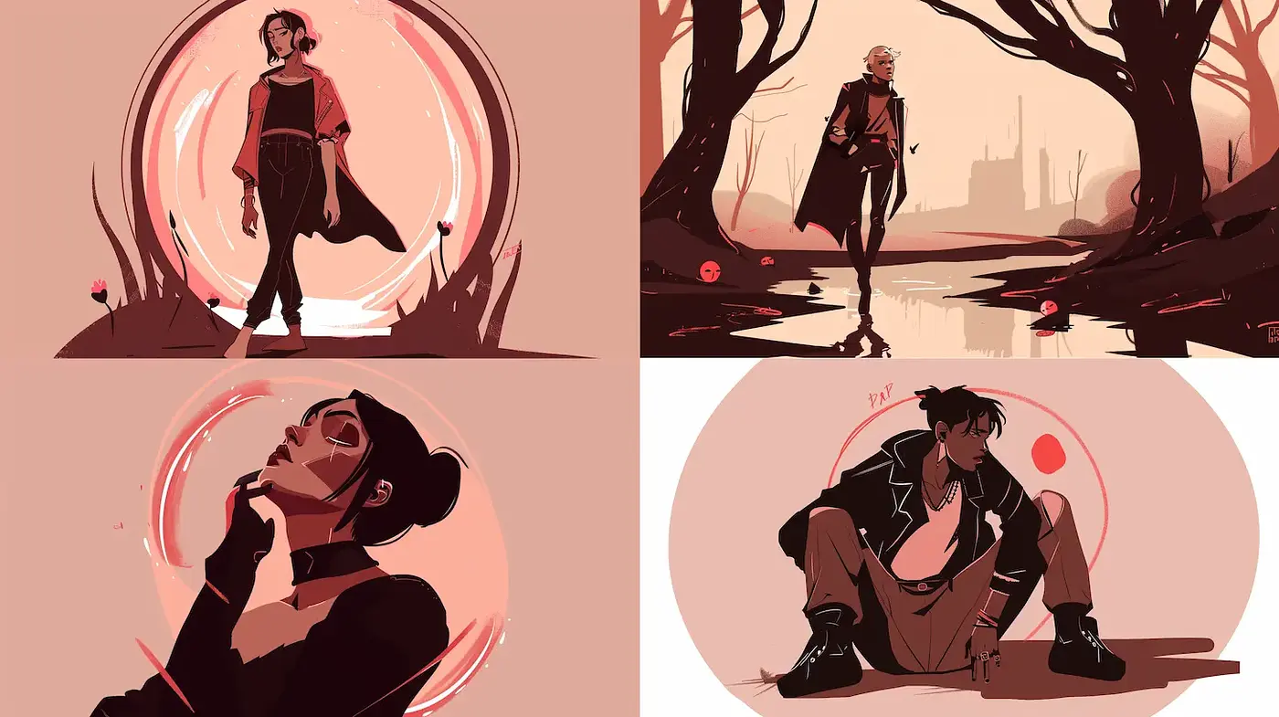 Stylized Illustrations with a Cohesive Color Scheme and Dramatic Aesthetics - Midjourney sref style