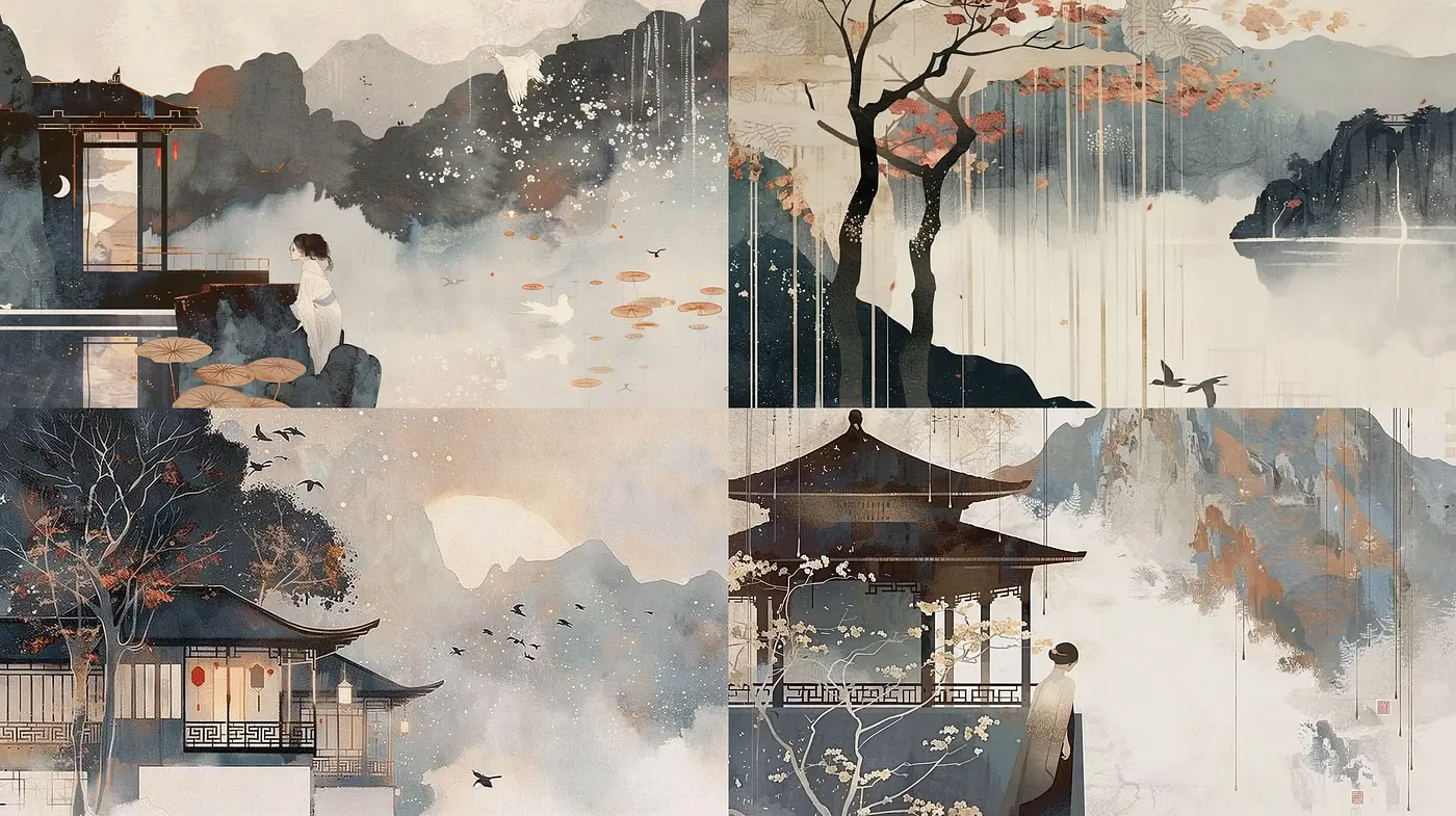 Ethereal Ink Wash Dreamscapes with a Touch of Edo Period Influence - Midjourney sref style