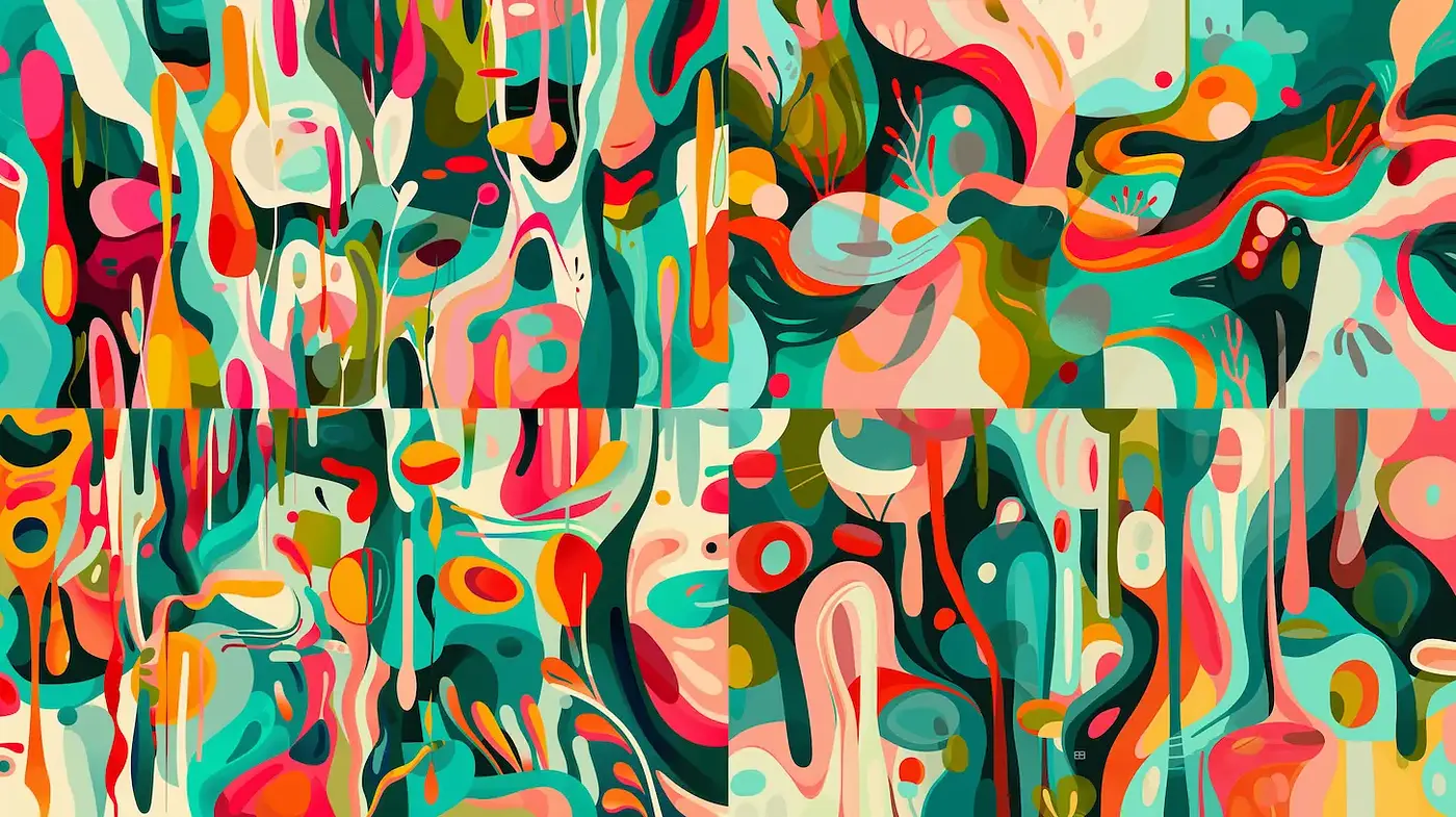 Vibrant and Whimsical Abstract Art with Fluid Shapes and Organic Textures - Midjourney sref style