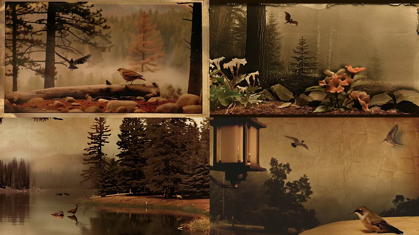 Sepia-Toned Natural Reverie: A Harmonious Fusion of Vintage Textures and Nostalgic Hues - Midjourney sref style