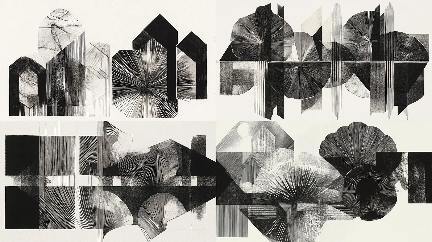 Monochromatic Geometric Abstraction with Dynamic Organic Overlays - Midjourney sref style