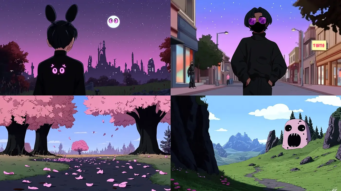 Twilight Hues and Cartoon Contours: A Homage to Anime Elegance - Midjourney sref style