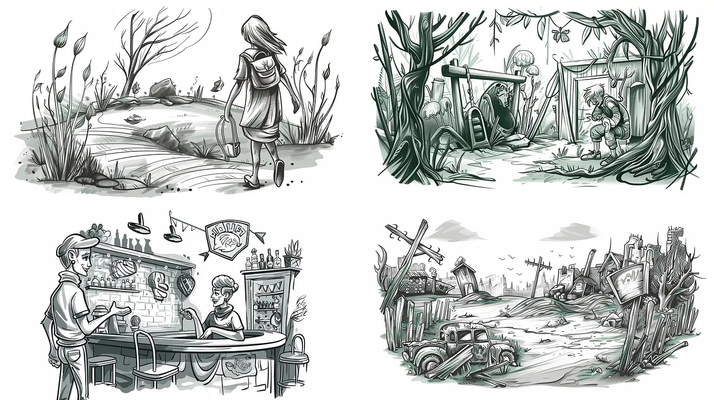 Monochromatic Whimsy: A Homage to Vintage Ink and Graphite Sketches - Midjourney sref style