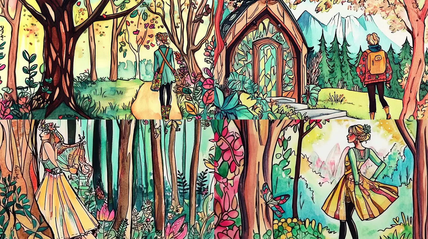 Enchanted Forest Whimsy: A Fusion of Vivid Watercolors and Ink Illustrations - Midjourney sref style
