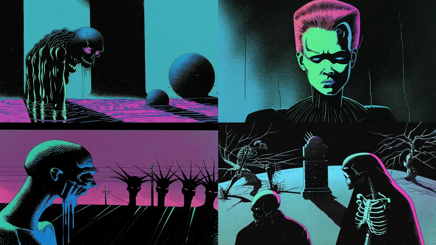 Neon-Noir Surrealism with Graphic Novel Contrast - Midjourney sref style