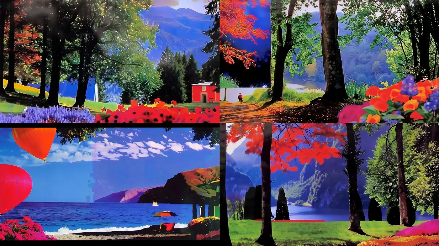 Saturated Vividness in Stylized Pastoral Landscapes - Midjourney sref style