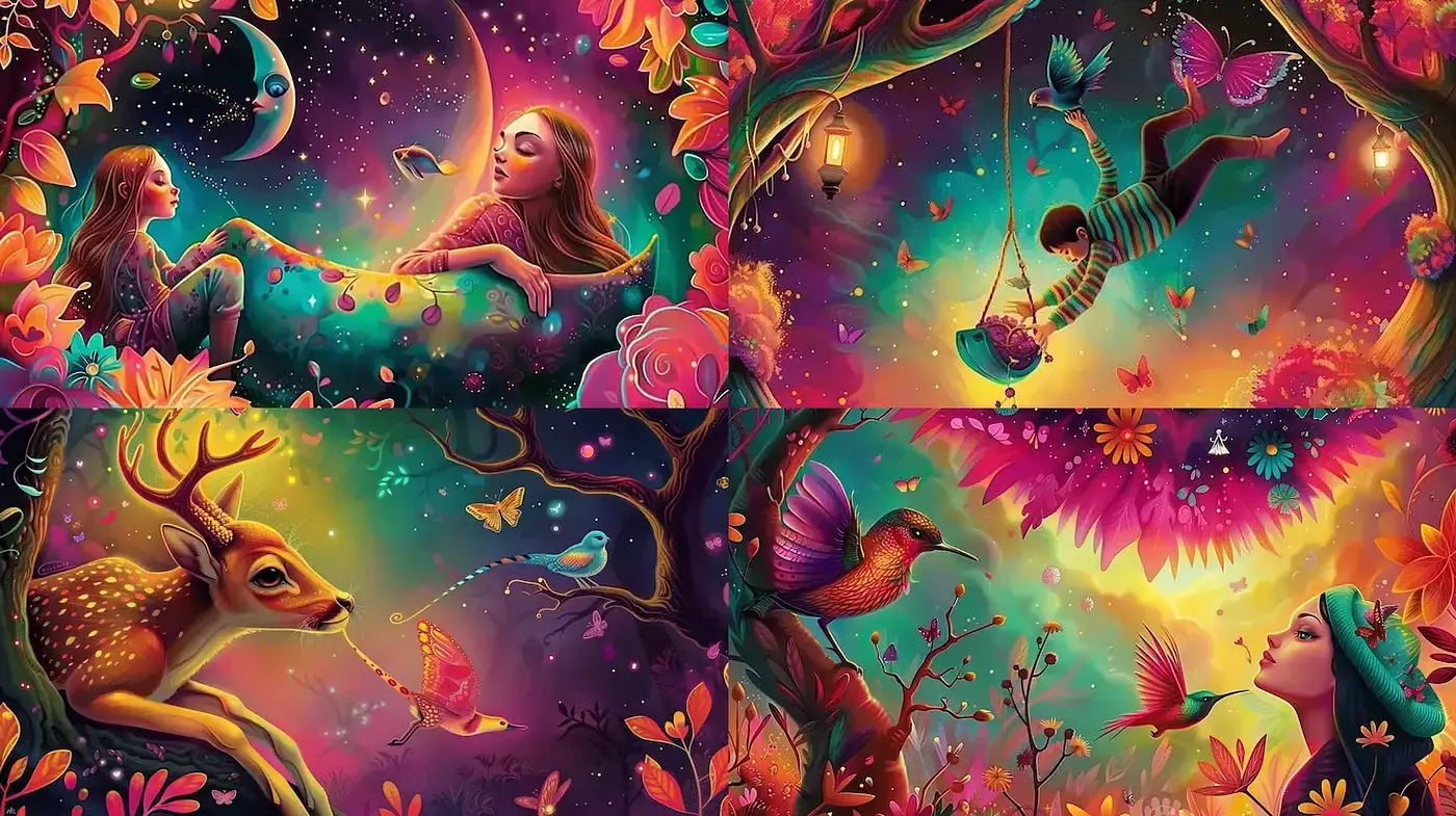 Enchanting Ethereal Dreamscape with Vivid Hues and Surreal Imagery - Midjourney sref style