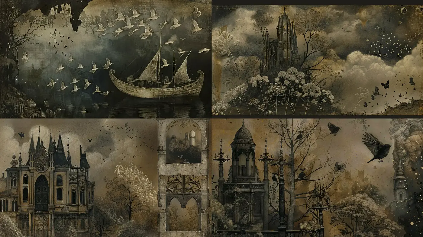 Ethereal Gothic Dreamscapes with Ambient Natural Overtones - Midjourney sref style