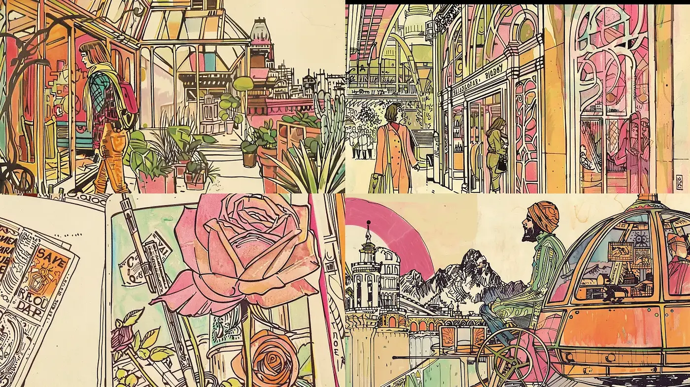 Whimsical Fusion of Urban Landscapes with Retro Elements and Art Nouveau Influences - Midjourney sref style