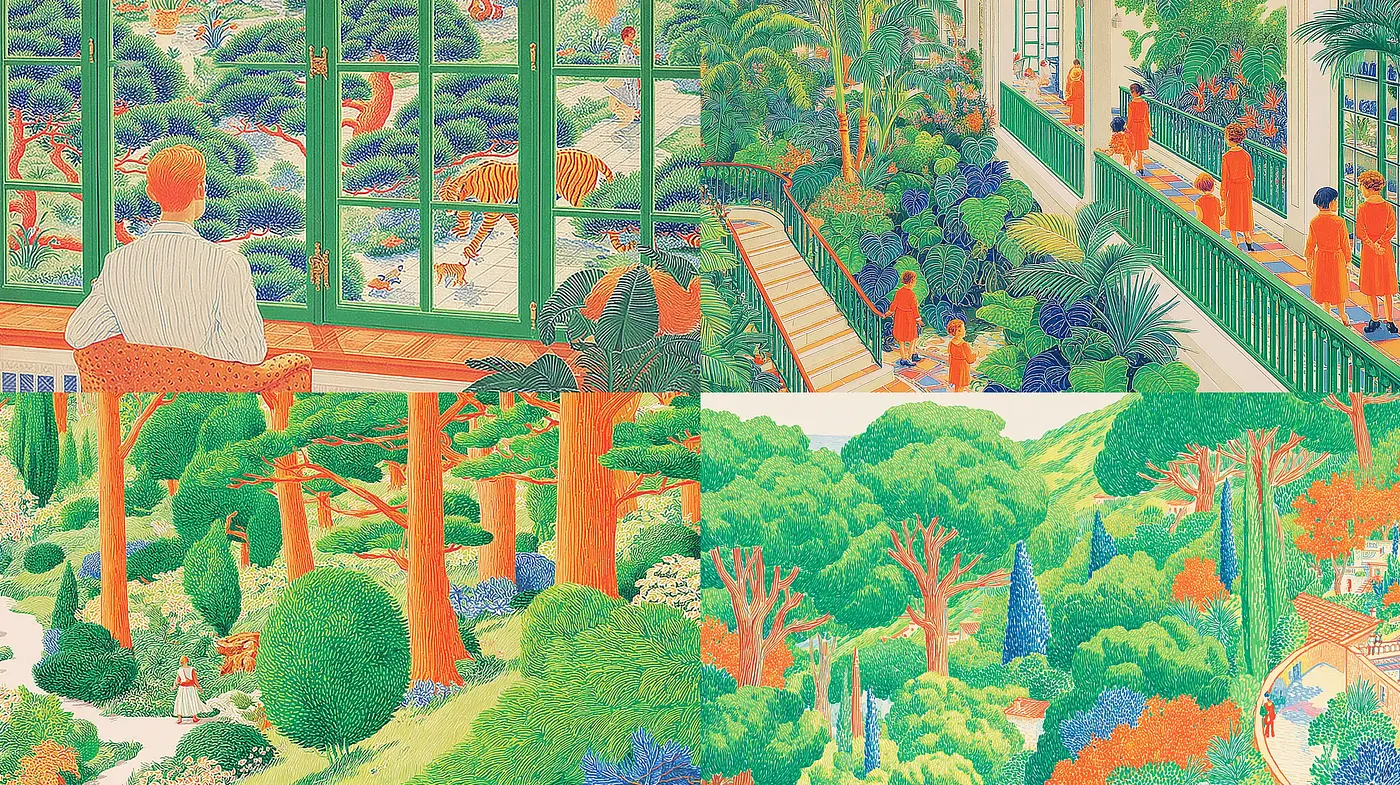 Vibrant and Lush Landscape Illustrations Infused with Playful Energy - Midjourney sref style