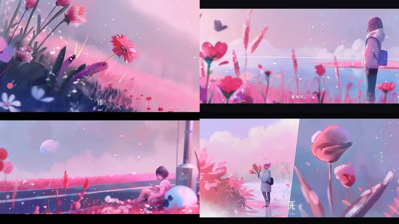 Dreamy surreal landscape with whimsical floral motifs - Midjourney sref style