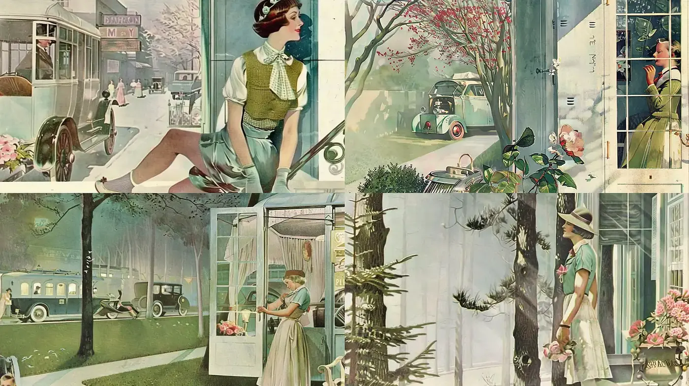 Charming vintage aesthetic with soft pastel tones and art deco influences - Midjourney sref style