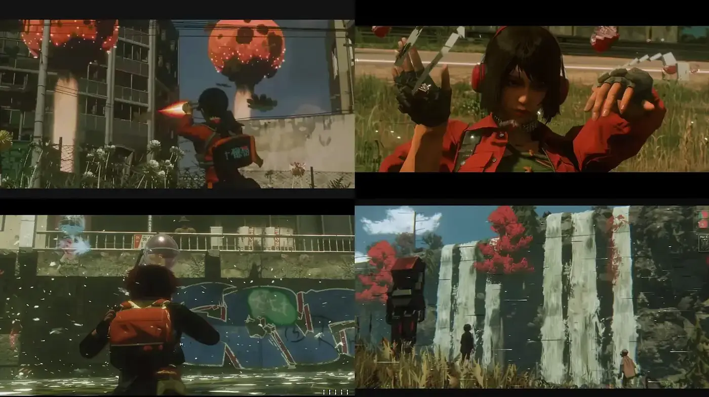 Stylized futuristic scenes with vibrant contrasts and dynamic compositions - Midjourney sref style