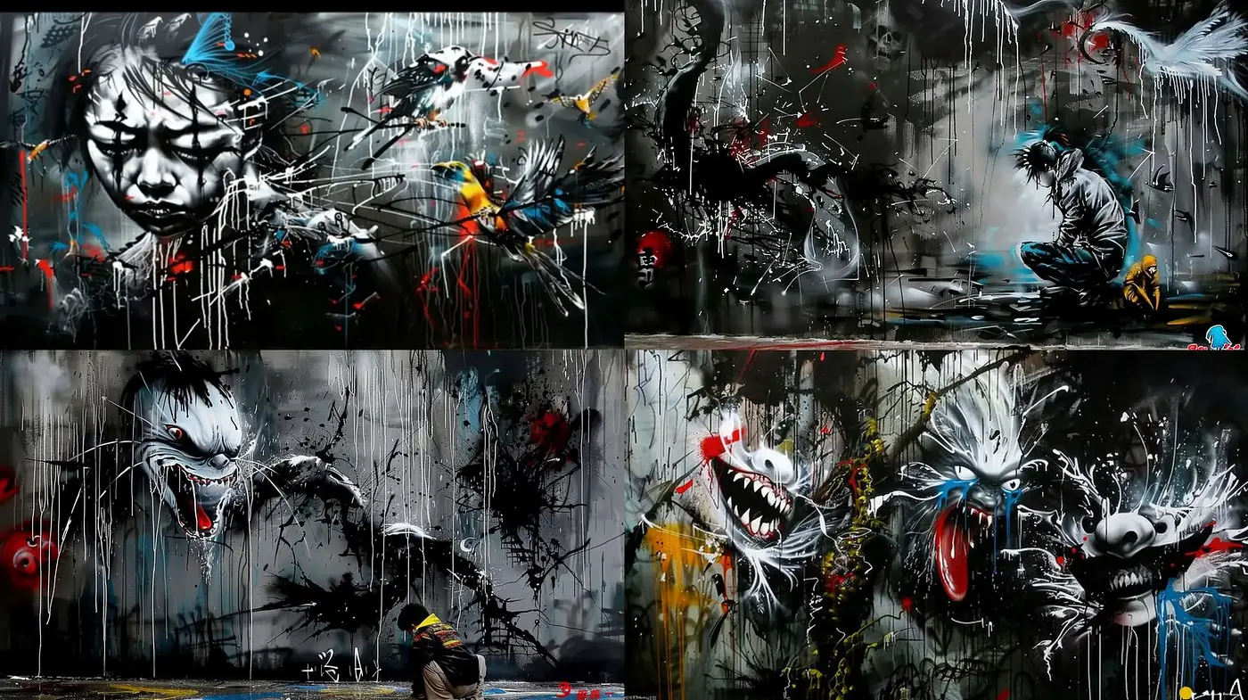 Graffiti Fusion with Somber Emotive Overtones - Midjourney sref style