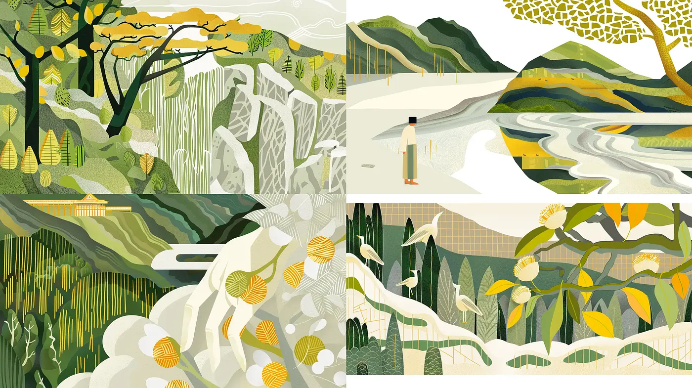Modern Pastoral Panoramas: A Tribute to Nature with Stylized Geometric Forms - Midjourney sref style