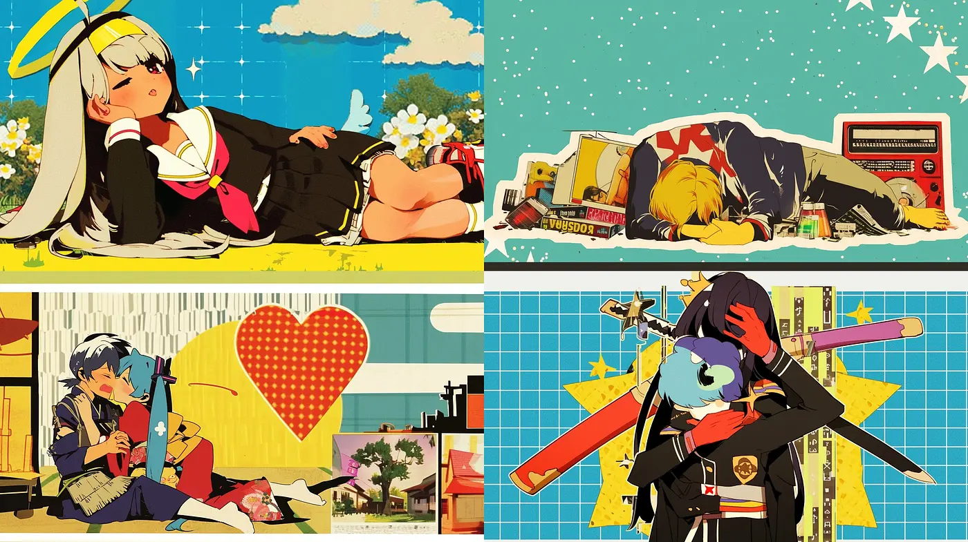 Retro Pop Anime Essence with a Harmonious Color Symphony - Midjourney sref style