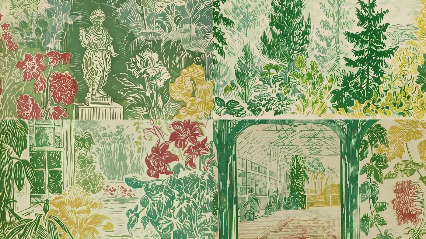 Lush Botanical Conservatory in Stylized Woodblock Print - Midjourney sref style