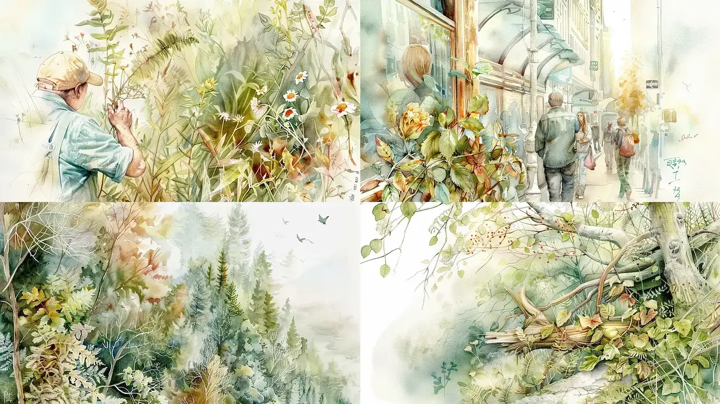 Delicate Watercolor Illustrations with a Botanical and Urban Fusion - Midjourney sref style