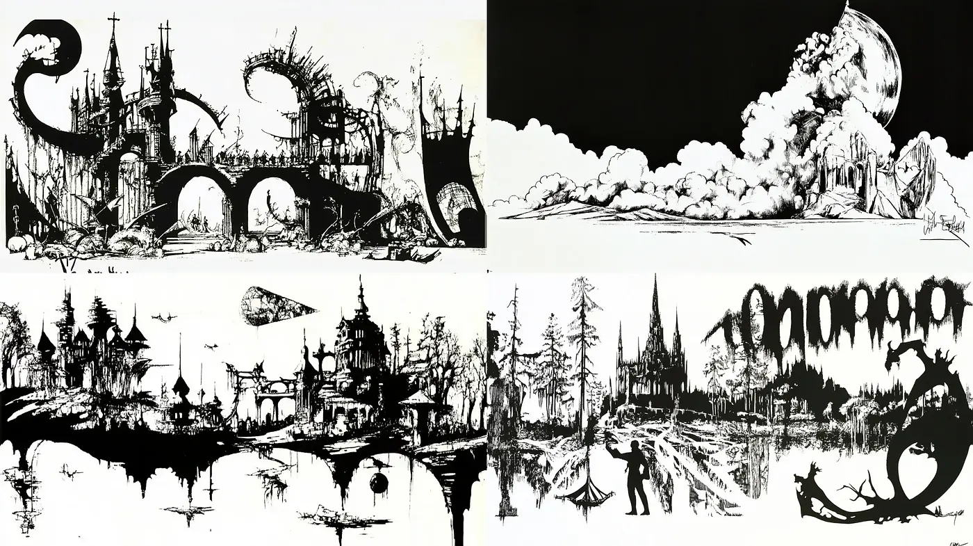 Monochromatic Silhouette Dreamscape - Midjourney sref style