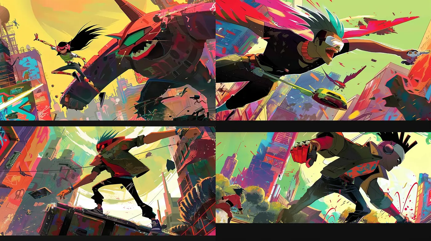 Vibrant Dystopian Dreamscape: A Fusion of Comic Dynamism and Cyberpunk Aesthetic - Midjourney sref style