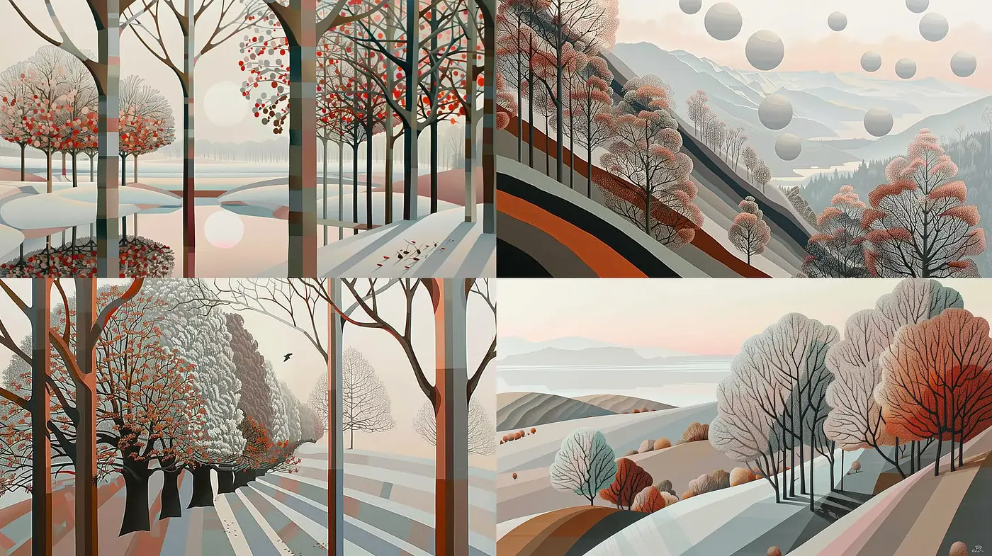 Serene Tapestry of Seasonal Transitions in Stylized Nature - Midjourney sref style