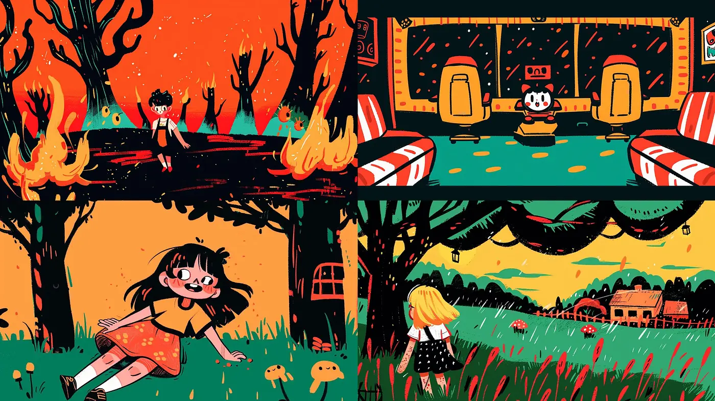Vibrant Storybook Whimsy: A Journey in Vivid Contrasts and Cartoon Exuberance - Midjourney sref style