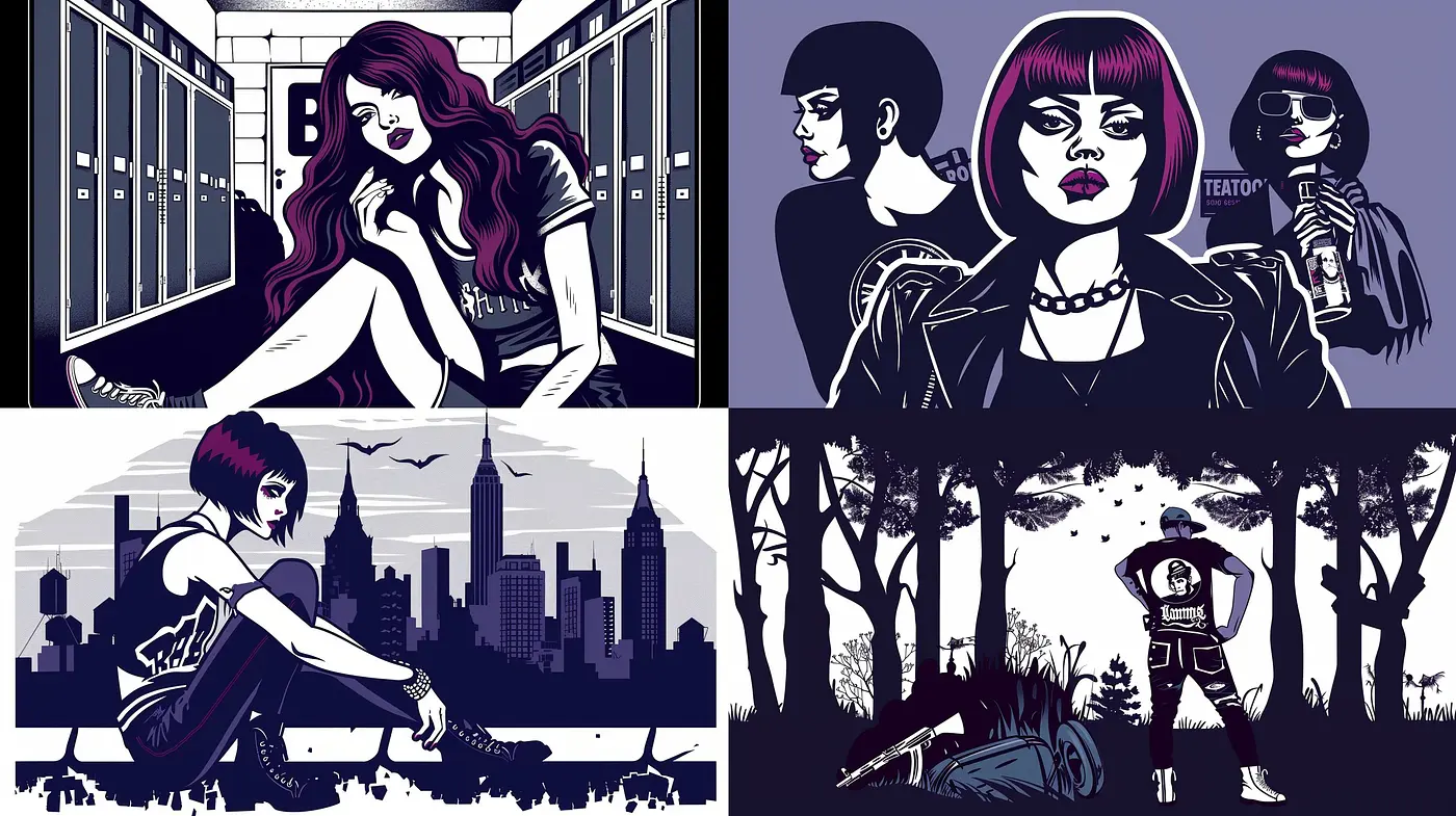 Nocturnal Hues of Urban Enigma: A Contrasting Palette Embracing Graphic Novel Aesthetics - Midjourney sref style