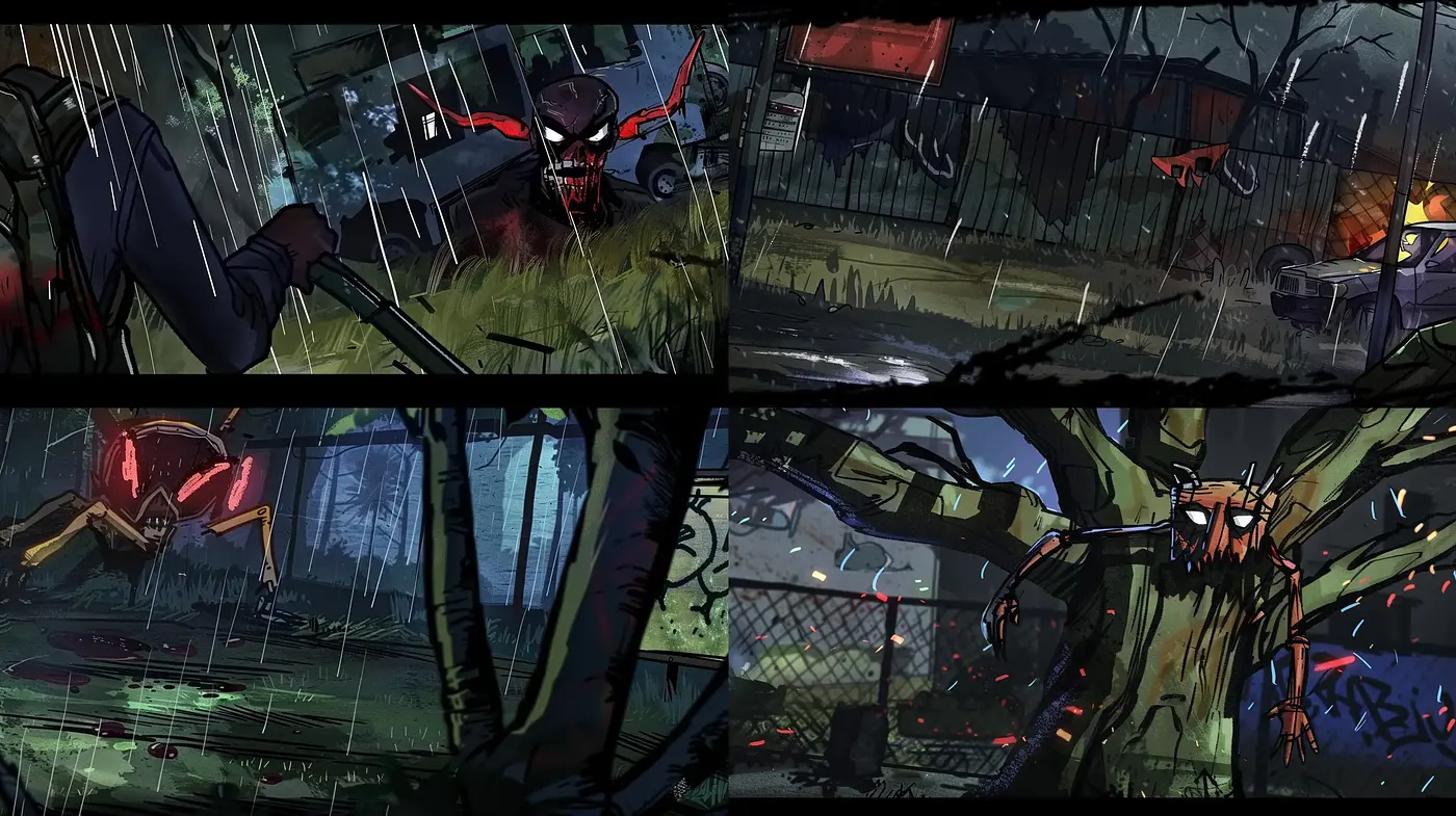 Dusky Hues and Dynamic Brushwork in Comic-Inspired Horror Vignettes - Midjourney sref style