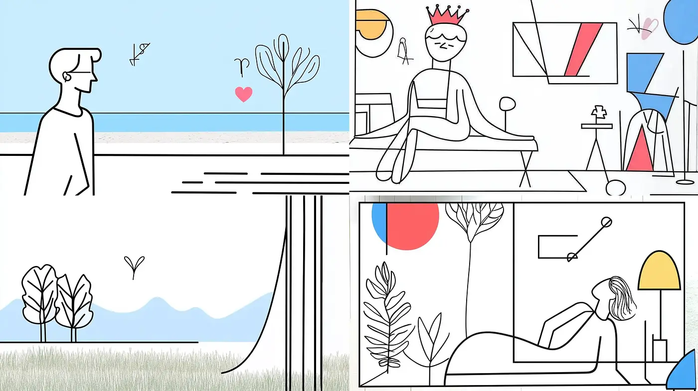 Serene Contemporary Line Art with Pastel Accents - Midjourney sref style