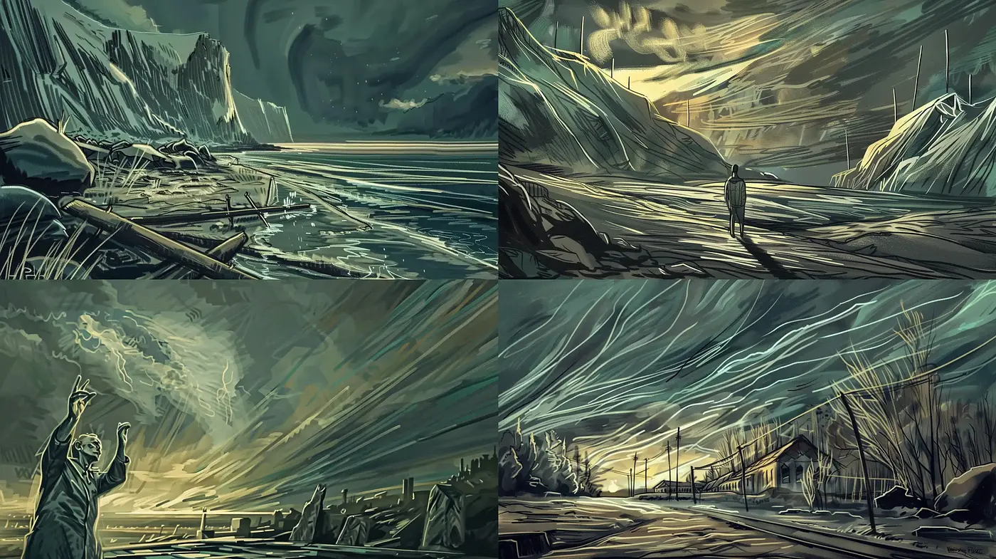 Ethereal Stormy Landscapes with Cinematic Luminance - Midjourney sref style