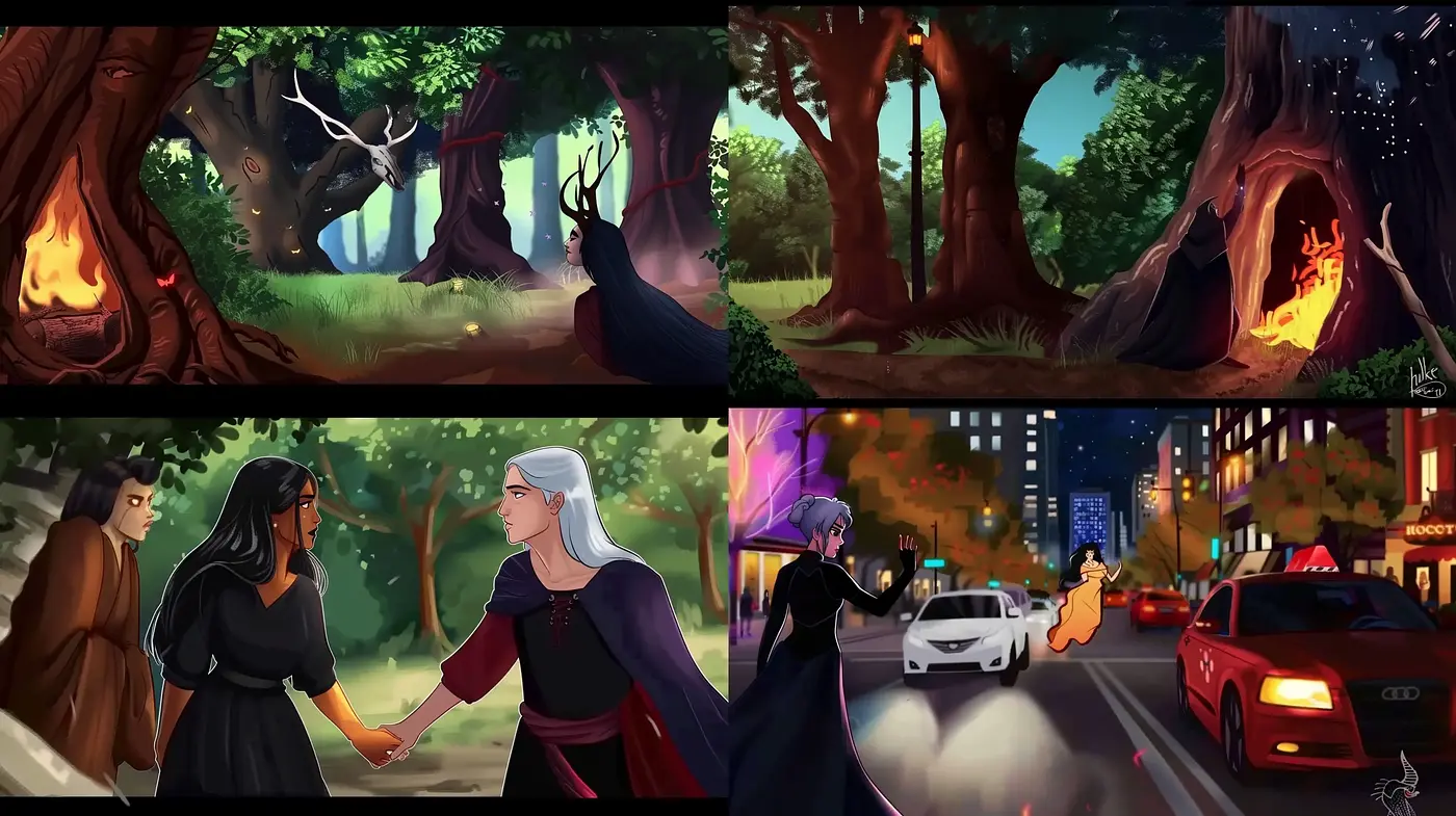 Twilight Hues and Dynamic Contrasts in Stylized Vignettes - Midjourney sref style