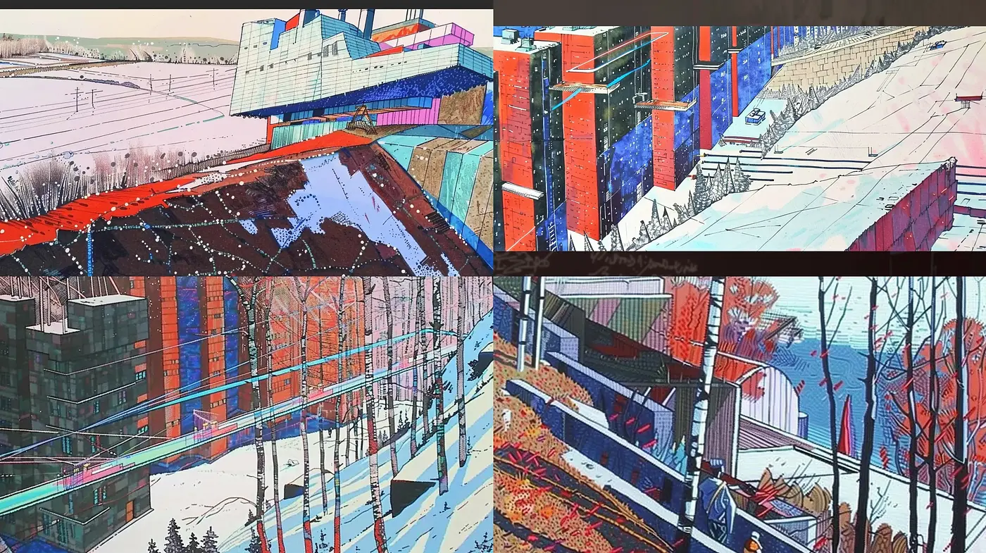 Modern Geometric Fusion with a Vibrant Architectural Twist - Midjourney sref style