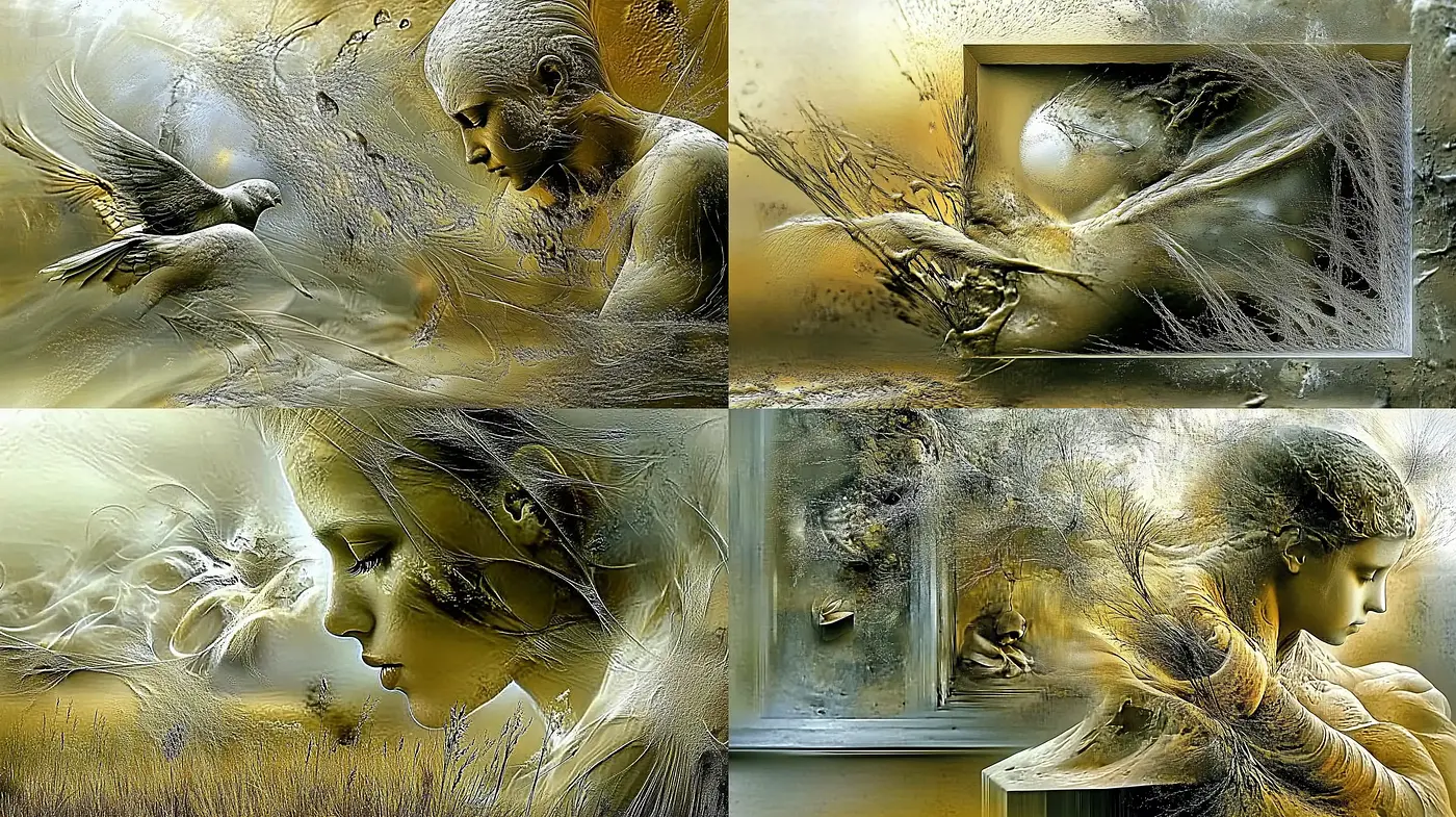 Ethereal Dreamscape Fusion with Golden Hues and Surreal Textures - Midjourney sref style