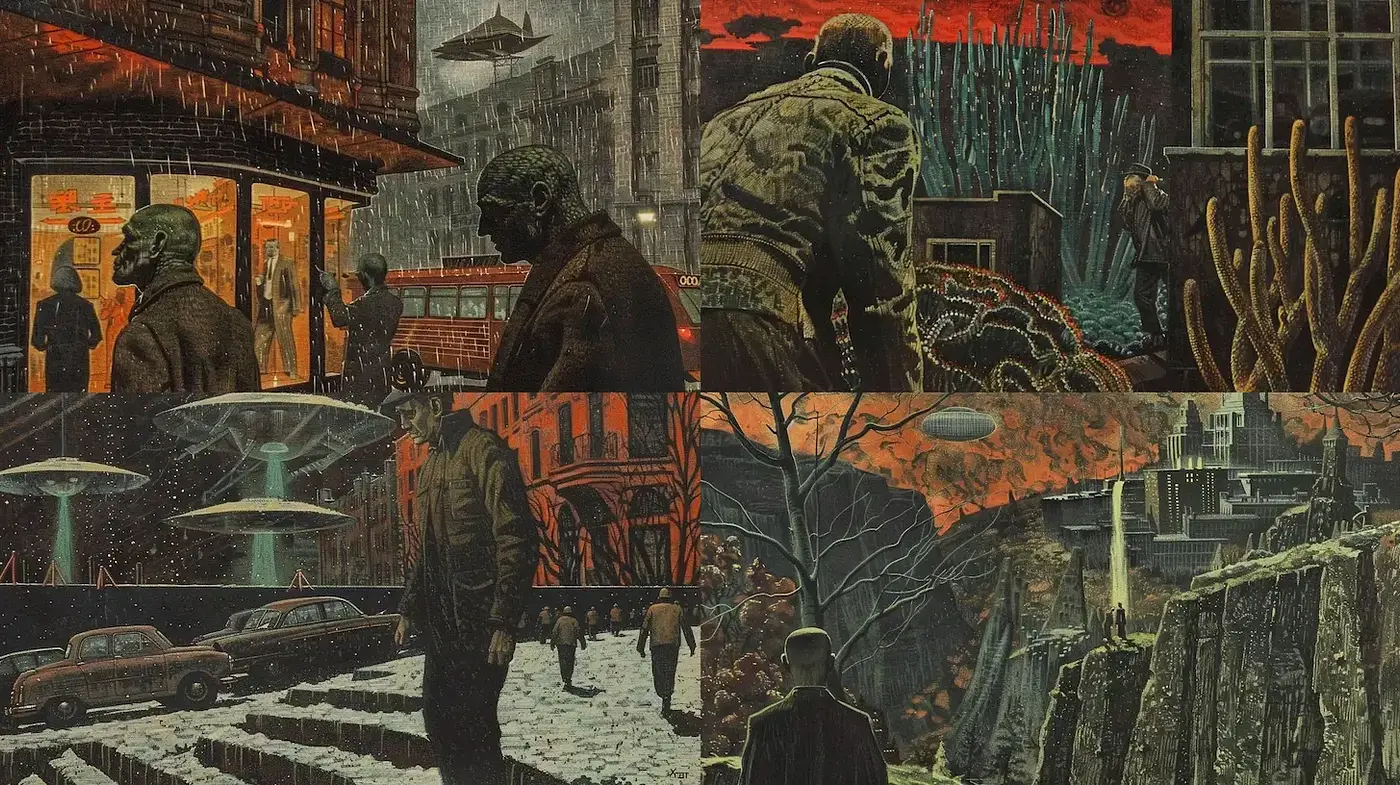 A Muted Adventure through Dystopian Landscapes with Retro Influences - Midjourney sref style