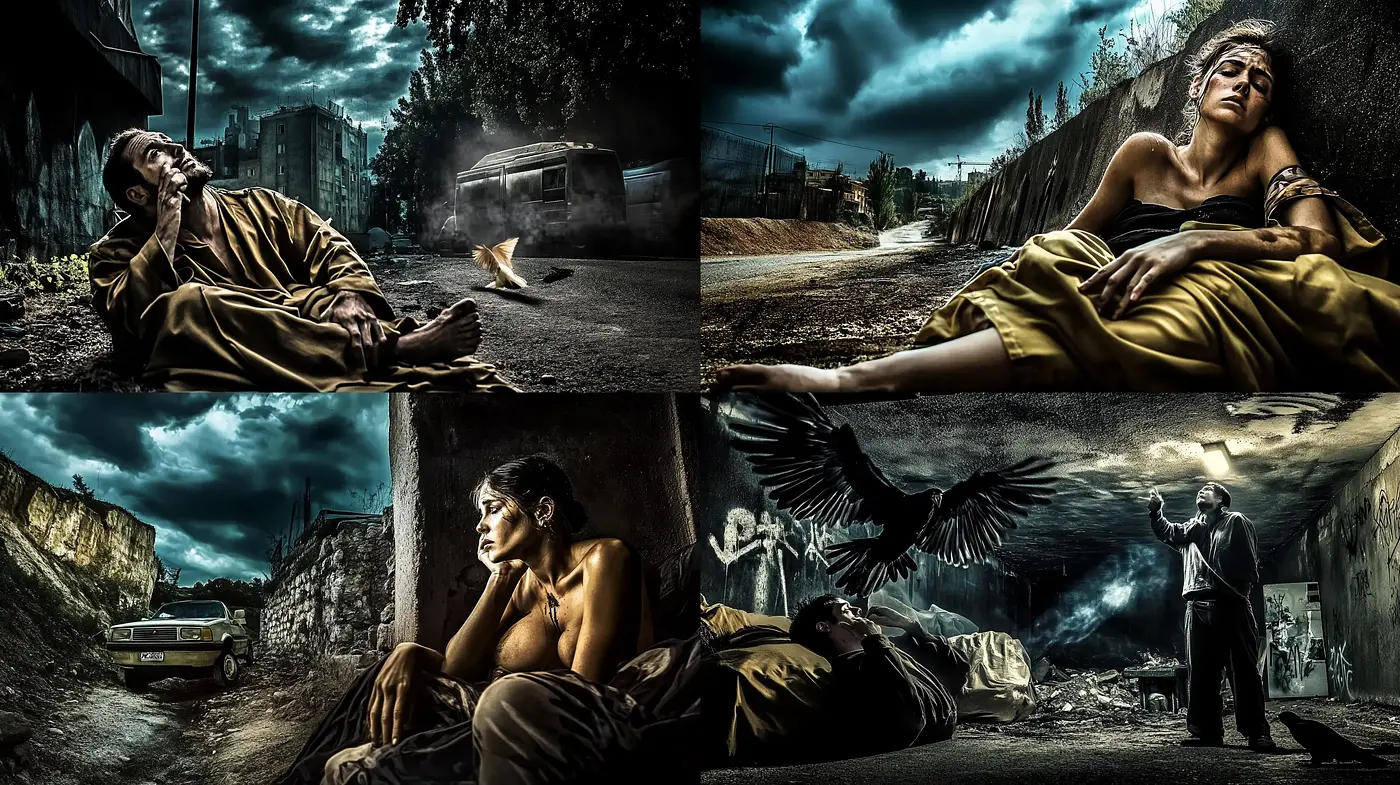 Dystopian Desolation: A Cinematic Portrayal in Twilight Tones - Midjourney sref style